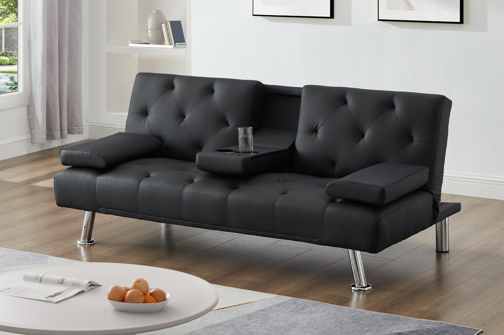 (1516 BLACK)- 67" LONG- LEATHER KLIK KLAK SOFA BED- WITH FOLD DOWN TRAY