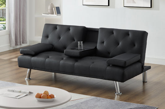 (1516 BLACK)- 67" LONG- LEATHER KLIK KLAK SOFA BED- WITH FOLD DOWN TRAY