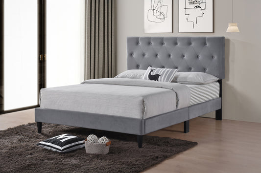 QUEEN SIZE- (2106 GREY)- BUTTON TUFTED- VELVET FABRIC BED FRAME IN A BOX- WITH SLATS- OUT OF STOCK UNTIL MAY 31, 2025