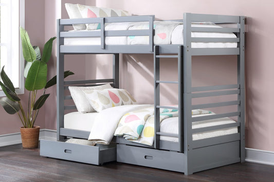 TWIN/ TWIN- (2710 GREY)- WOOD BUNK BED- WITH DRAWERS