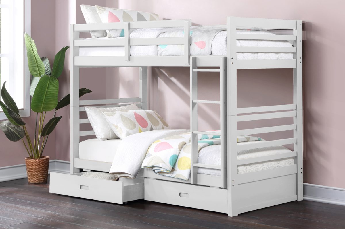 TWIN/ TWIN- (2710 WHITE)- WOOD BUNK BED- WITH DRAWERS- out of stock UNTIL august 28, 2024