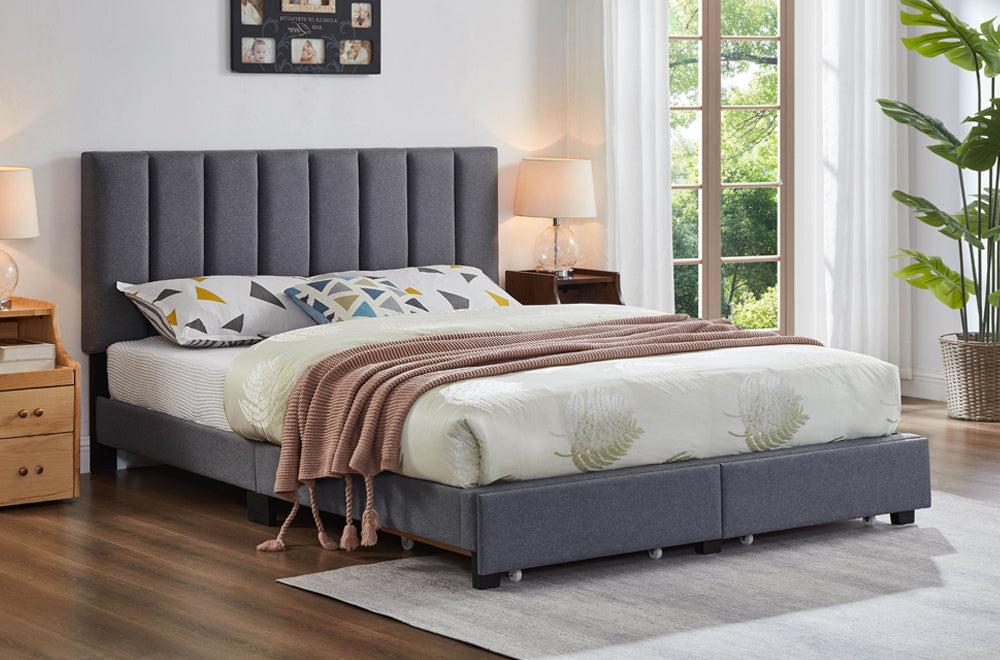 DOUBLE (FULL) SIZE- (2120 GREY)- FABRIC BED FRAME- WITH FOOTBOARD DRAWERS- WITH SLATS- (BOX SPRING RECOMMENDED)