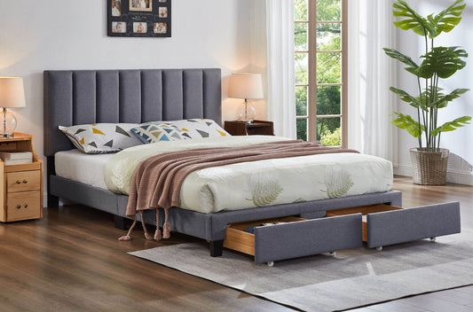 DOUBLE (FULL) SIZE- (2120 GREY)- FABRIC BED FRAME- WITH FOOTBOARD DRAWERS- WITH SLATS- (BOX SPRING RECOMMENDED)