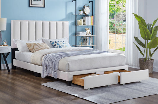 DOUBLE (FULL) SIZE- (2120 WHITE)- LEATHER STORAGE BED FRAME- WITH FOOTBOARD DRAWERS- WITH SLATS