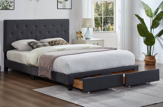 DOUBLE (FULL) SIZE- (2125 DARK GREY)- FABRIC STORAGE BED FRAME- WITH FOOTBOARD DRAWERS- WITH SLATS