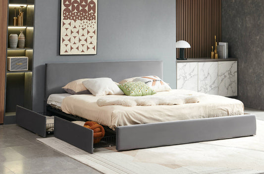 QUEEN SIZE- (2128 GREY)- VELVET FABRIC BED FRAME- WITH 4 DRAWERS