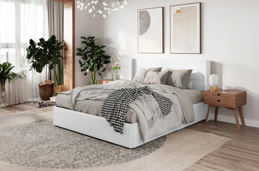 KING SIZE- (2160 WHITE)- FABRIC BED FRAME- WITH LIFT UP STORAGE