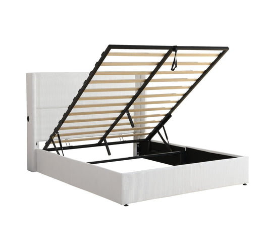 KING SIZE- (2164 WHITE)- CORDUROY FABRIC BED FRAME IN A BOX- WITH LIFT UP STORAGE