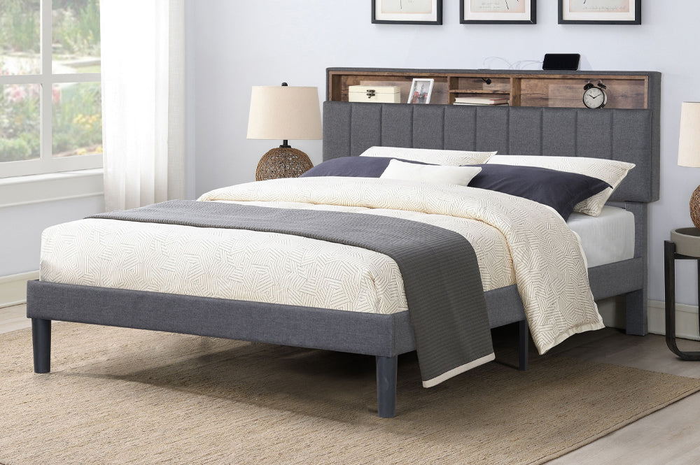 DOUBLE (FULL) SIZE- (2178 GREY)- FABRIC BED FRAME- WITH STORAGE HEADBOARD- WITH SLATS