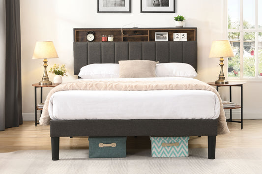 DOUBLE (FULL) SIZE- (2178 GREY)- FABRIC BED FRAME- WITH STORAGE HEADBOARD- WITH SLATS