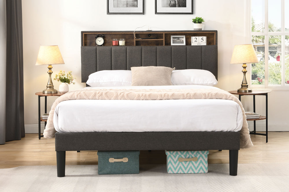 KING SIZE- (2178 GREY)- FABRIC BED FRAME- WITH STORAGE HEADBOARD- WITH SLATS