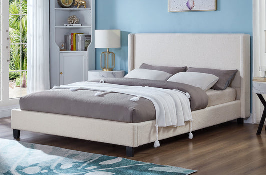 QUEEN SIZE- (2192 OFF WHITE)- BOUCLE FABRIC BED FRAME- WITH SLATS- OUT OF STOCK UNTIL MAY 4, 2024