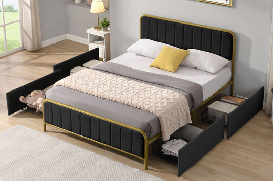 KING SIZE- (2334 BLACK)- VELVET FABRIC BED FRAME- WITH 4 DRAWERS- WITH SLATS
