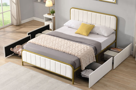 KING SIZE- (2334 OFF WHITE)- VELVET FABRIC BED FRAME- WITH 4 DRAWERS- WITH SLATS