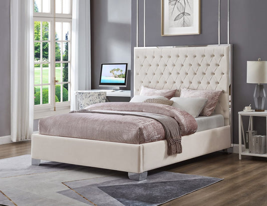 QUEEN SIZE- (2385 OFF WHITE)- VELVET FABRIC BED FRAME- WITH SLATS