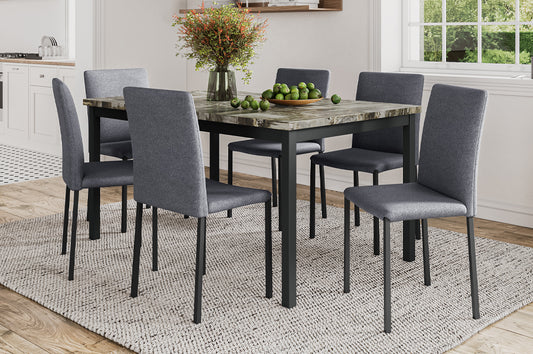 (3201 3261 GREY- 7)- 60" LONG- MARBLE LOOK DINING TABLE- WITH 6 FABRIC CHAIRS