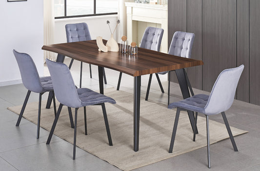 (3345- 214 GREY- 7)- 71" LONG- LIVE EDGE WOOD DINING TABLE- WITH 6 CHAIRS