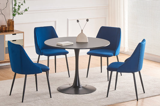 (3810 BLACK- 212 BLUE- 5)- 40" ROUND WOOD DINING TABLE- WITH 4 VELVET FABRIC CHAIRS