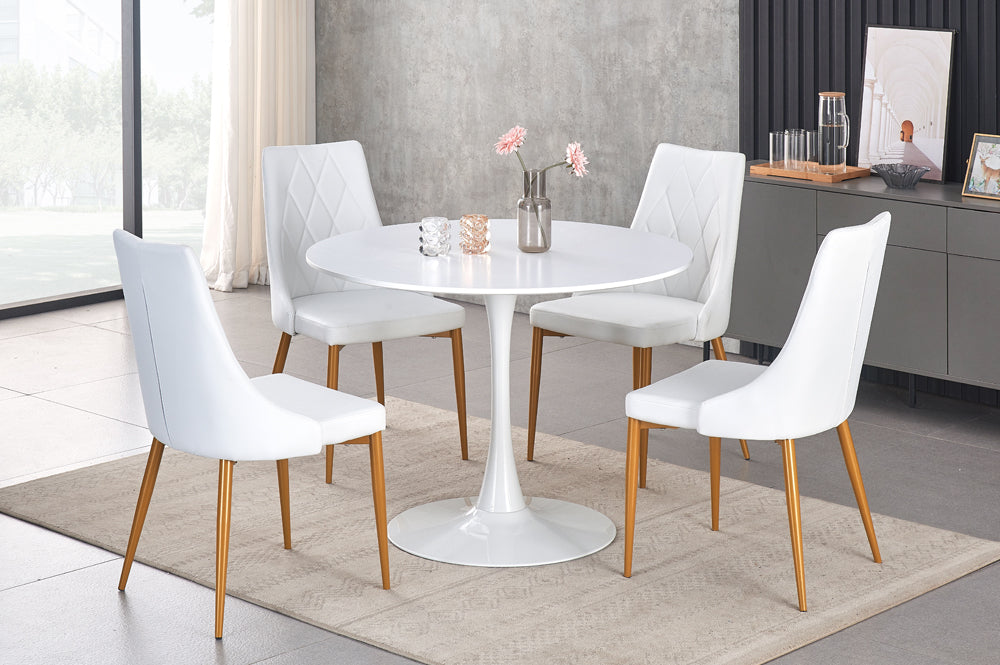 (3810 WHITE- 219 WHITE- 5)- 40" ROUND WOOD DINING TABLE- WITH 4 LEATHER CHAIRS- OUT OF STOCK UNTIL NOVEMBER 15, 2025