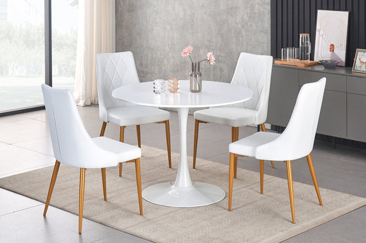 (3810 WHITE- 219 WHITE- 5)- 40" ROUND WOOD DINING TABLE- WITH 4 LEATHER CHAIRS- OUT OF STOCK UNTIL NOVEMBER 15, 2025