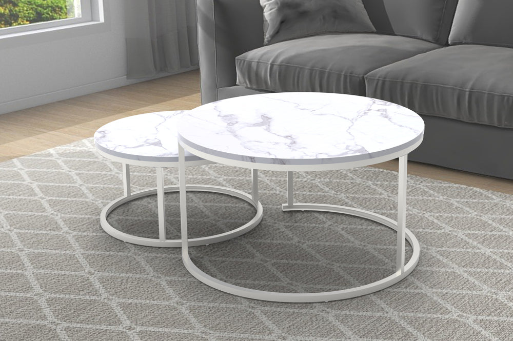 (5501 WHITE- 1)- MARBLE LOOK NESTING COFFEE TABLE- OUT OF STOCK UNTIL OCTOBER 29, 2024