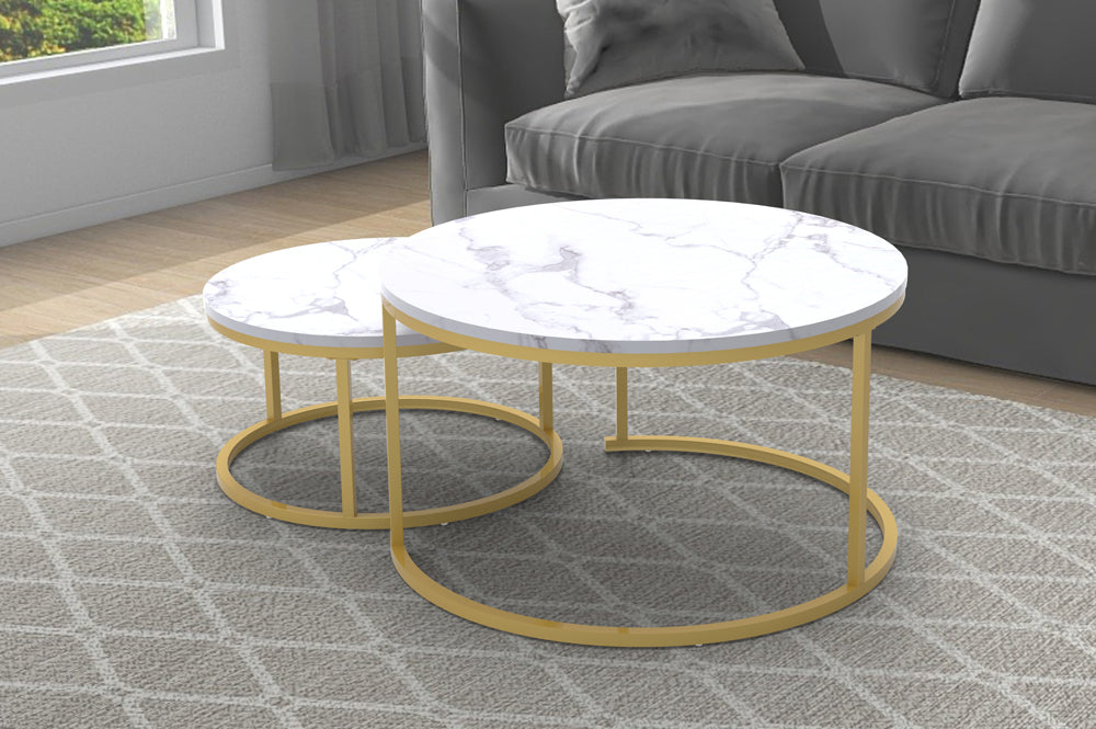 (5503 WHITE AND GOLD- 1)- MARBLE LOOK NESTING COFFEE TABLE- OUT OF STOCK UNTIL OCTOBER 29, 2024