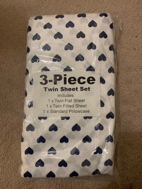 TWIN (SINGLE) SIZE- (BASICS WHITE AND BLUE HEARTS)- 3 PC. SHEET SET