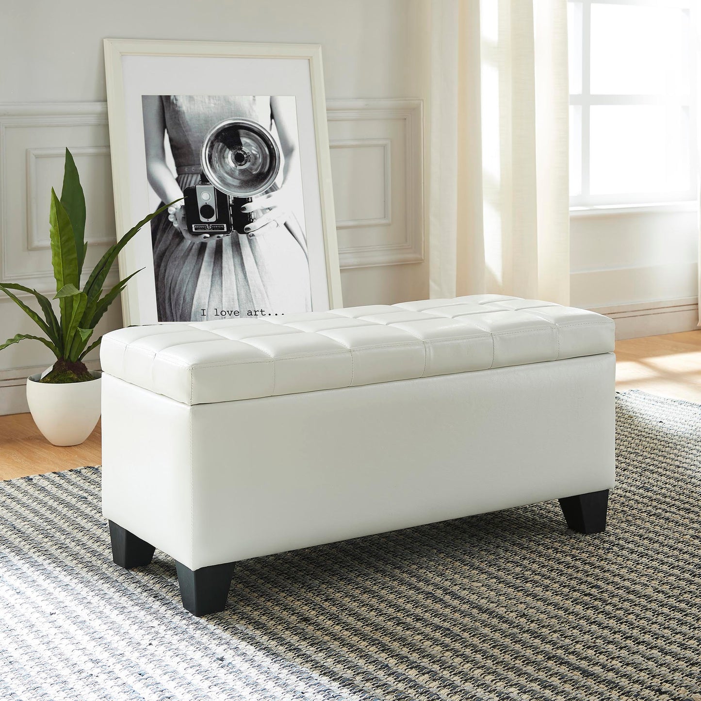 (WINSTON WHITE)- 35.5" LONG- LEATHER STORAGE BENCH