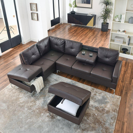 (6177 ESPRESSO LHF)- LEATHER SECTIONAL SOFA- WITH OTTOMAN