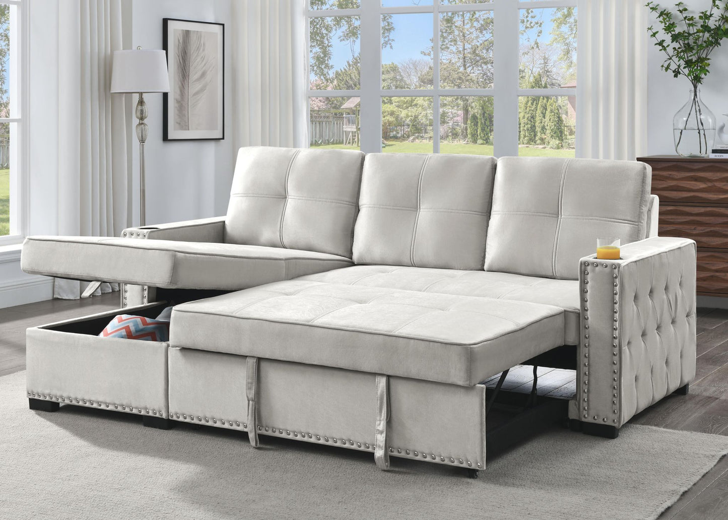 (401 NH MCDONALDS IVORY)- FABRIC- REVERSIBLE SECTIONAL SOFA- WITH PULL OUT BED