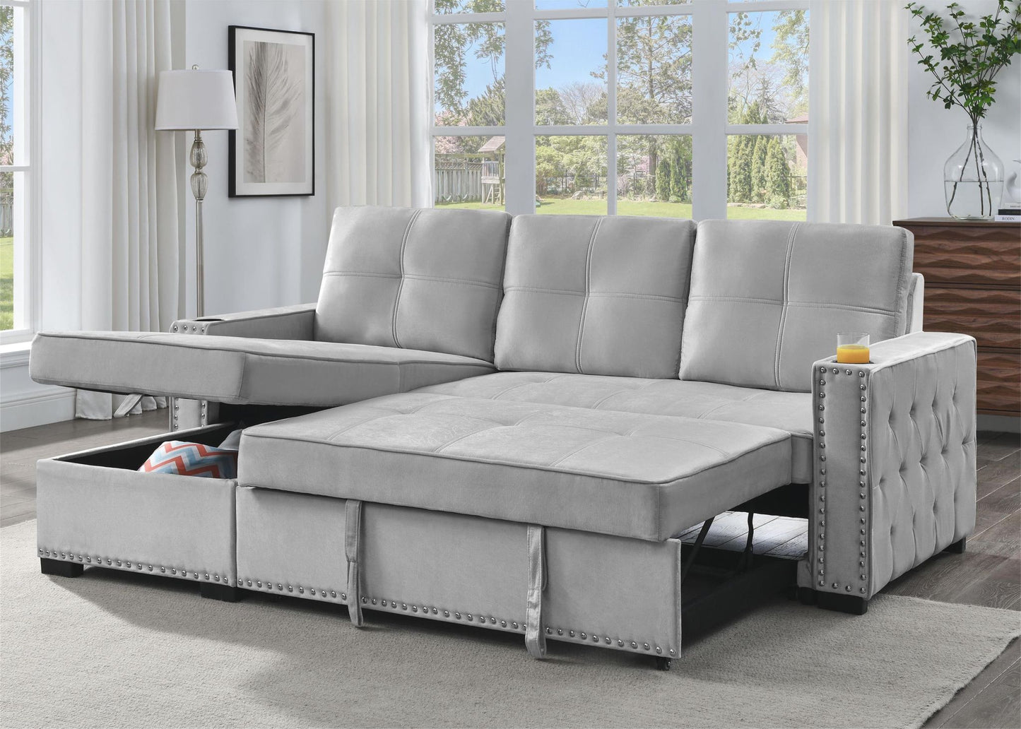(401 NH MCDONALDS LIGHT GREY)- FABRIC- REVERSIBLE SECTIONAL SOFA- WITH PULL OUT BED