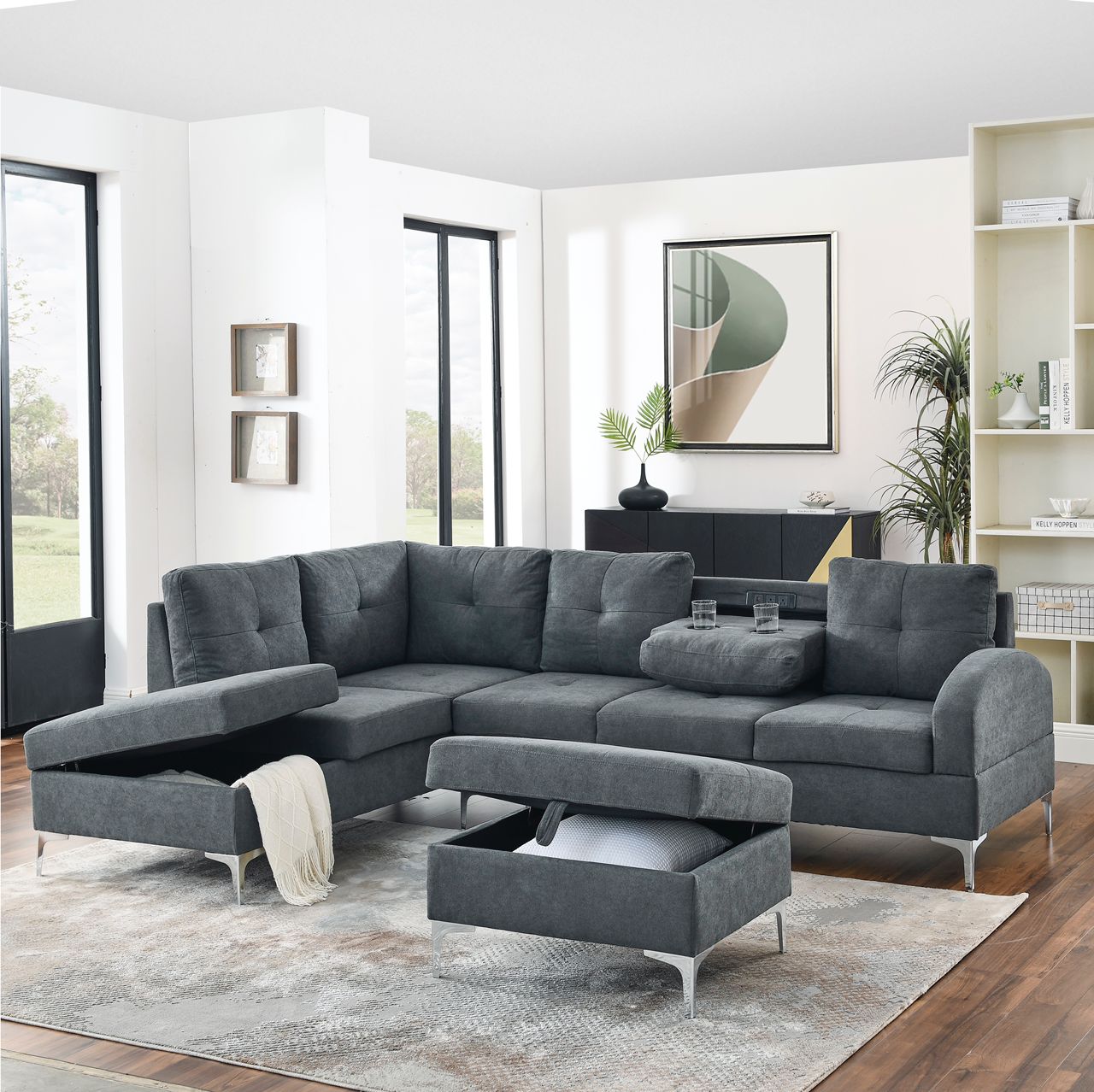 (6177 DARK GREY)- REVERSIBLE- FABRIC SECTIONAL SOFA- WITH OTTOMAN