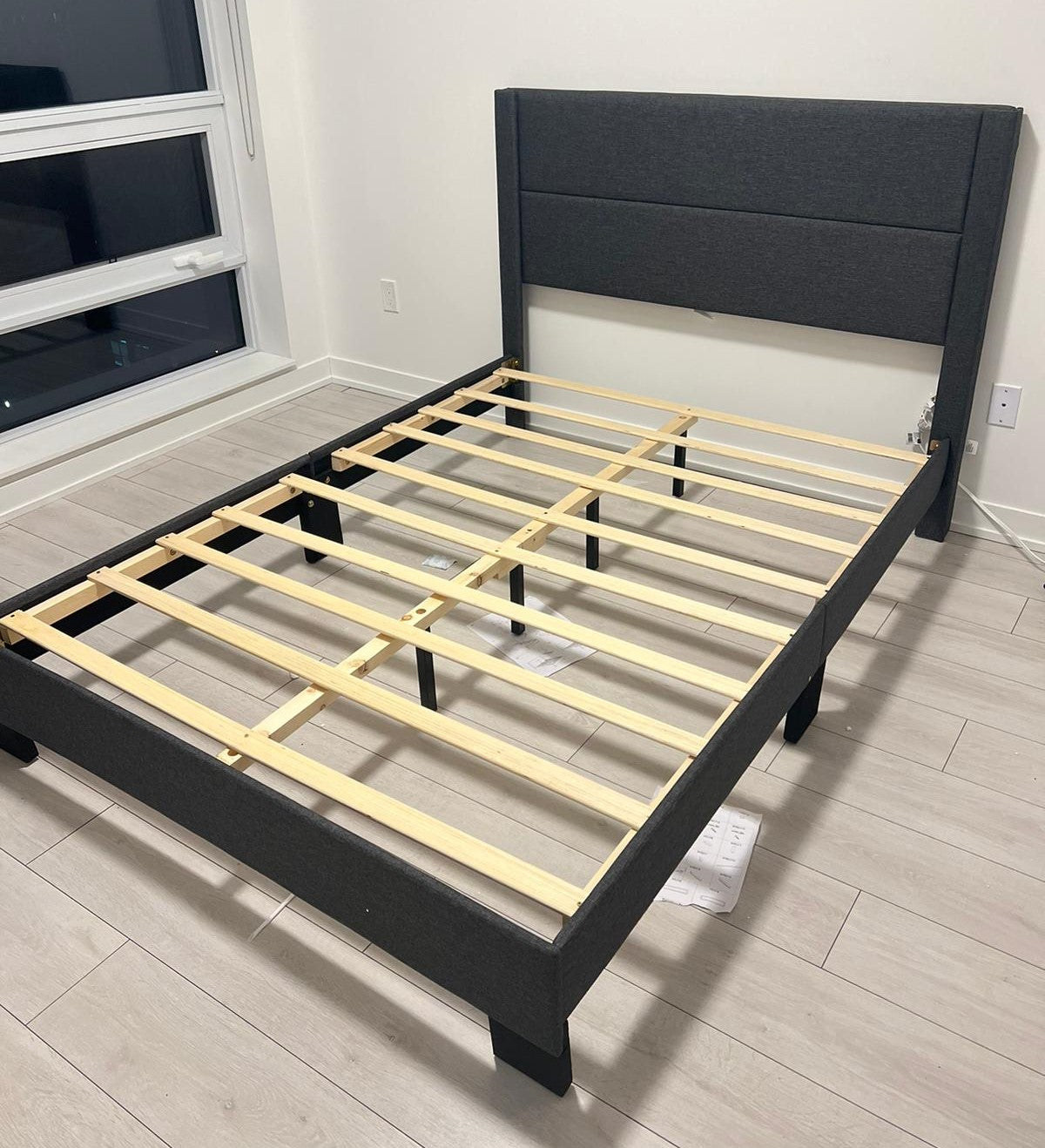 DOUBLE (FULL) SIZE- (2175 DARK GREY FABRIC)- BED FRAME- WITH SLATS- (BOX SPRING RECOMMENDED)- OUT OF STOCK UNTIL MAY 30, 2024