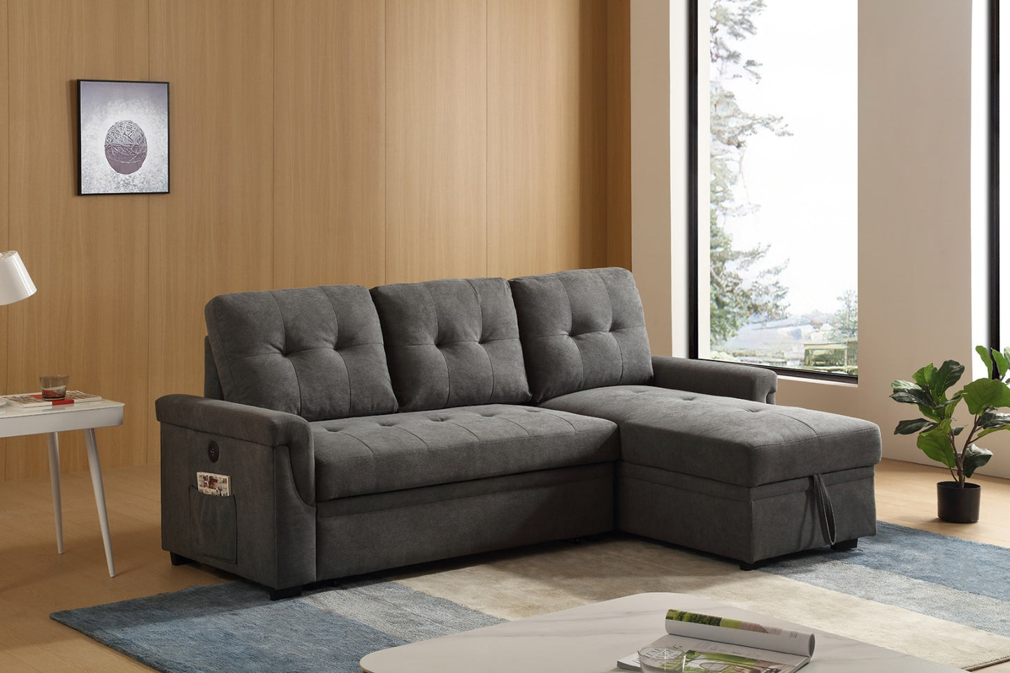 (5001 GREY)- REVERSIBLE- FABRIC SECTIONAL SOFA WITH PULL OUT BED