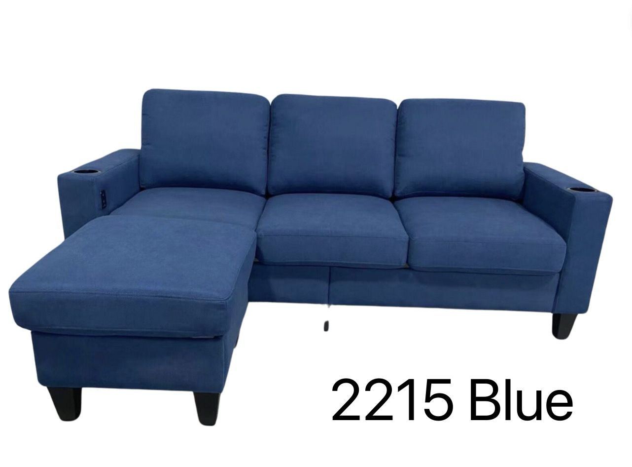 (2215 BLUE)- REVERSIBLE- FABRIC SECTIONAL SOFA- WITH USB PORT AND SIDE POCKET