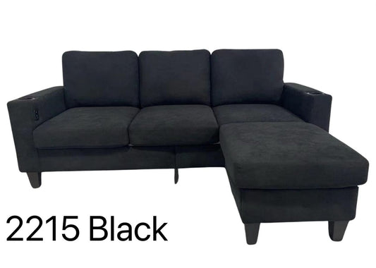 (2215 BLACK)- REVERSIBLE- FABRIC SECTIONAL SOFA- WITH USB PORT AND SIDE POCKET