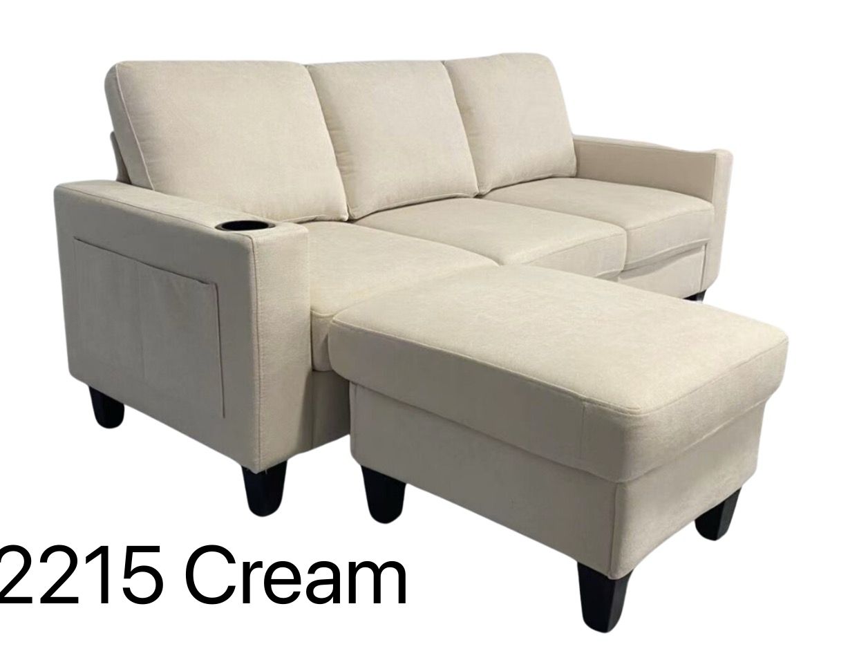 (2215 CREAM)- REVERSIBLE- FABRIC SECTIONAL SOFA- WITH USB PORT AND SIDE POCKET