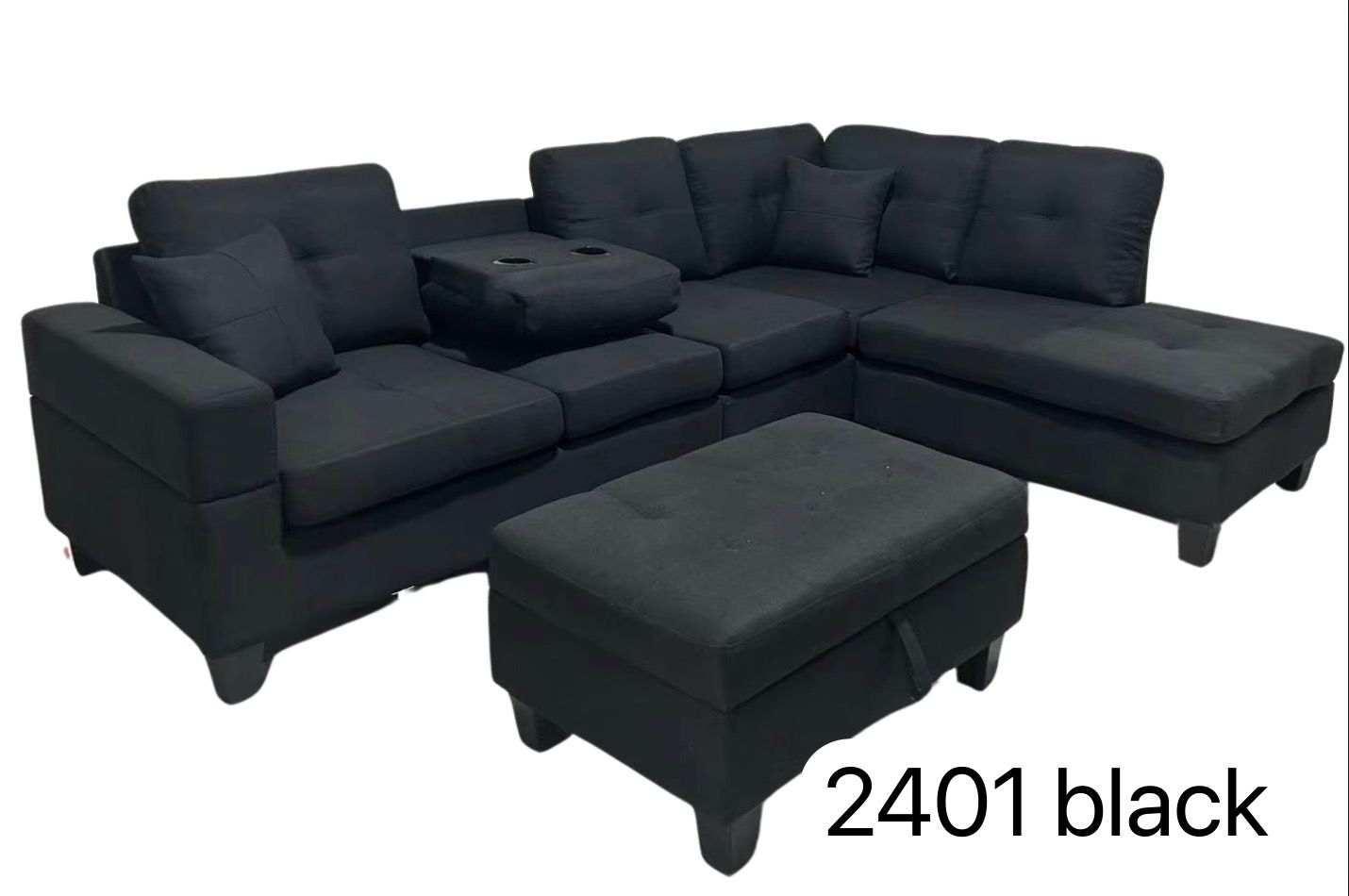 (2401 BLACK)- REVERSIBLE- FABRIC SECTIONAL SOFA- WITH STORAGE OTTOMAN