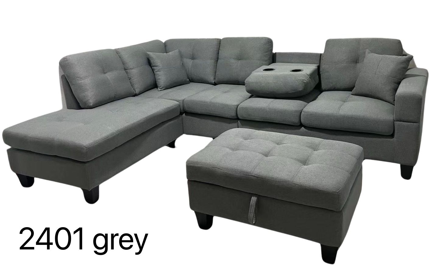 (2401 GREY)- REVERSIBLE- FABRIC SECTIONAL SOFA- WITH STORAGE OTTOMAN