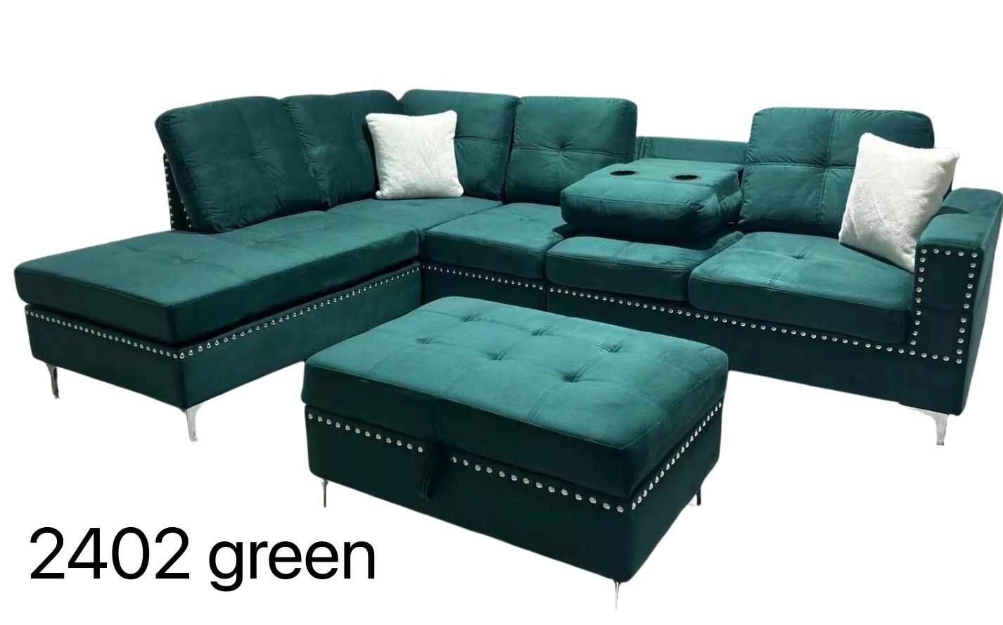 (2402 GREEN)- REVERSIBLE- VELVET FABRIC SECTIONAL SOFA- WITH STORAGE OTTOMAN