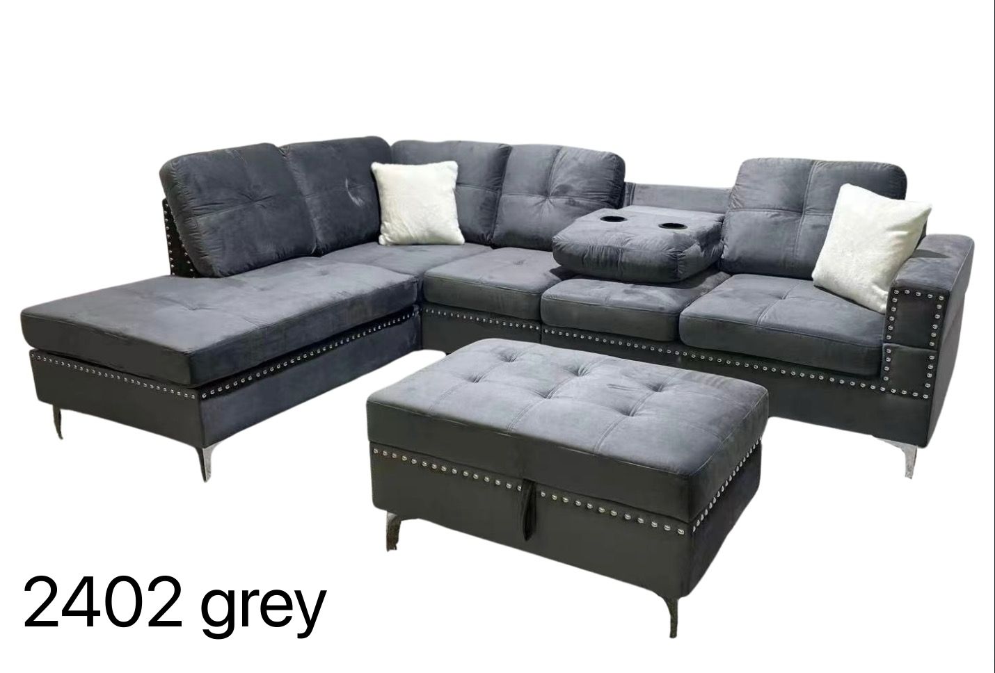 (2402 GREY)- REVERSIBLE- VELVET FABRIC SECTIONAL SOFA- WITH STORAGE OTTOMAN (Copy)