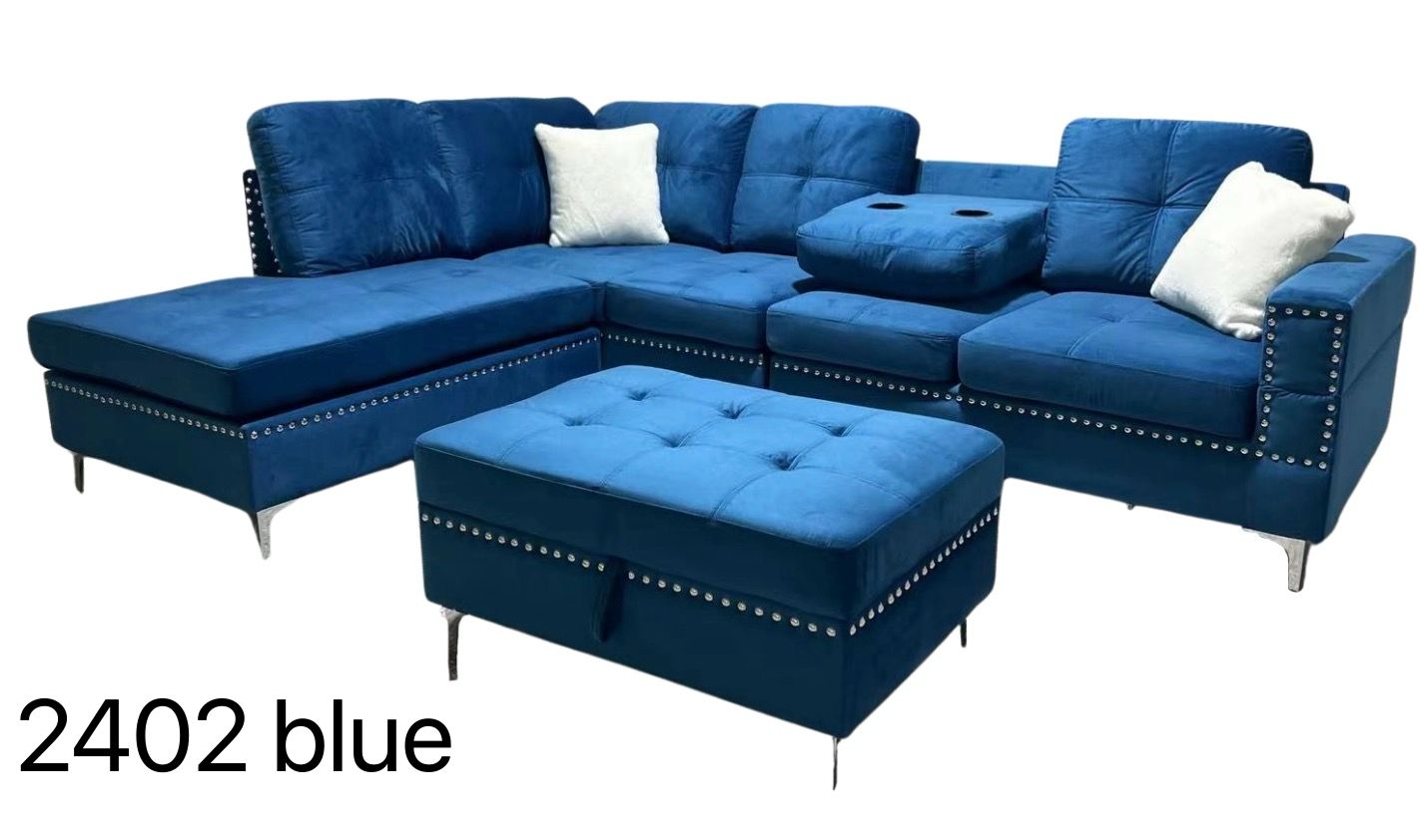 (2402 BLUE)- REVERSIBLE- VELVET FABRIC SECTIONAL SOFA- WITH STORAGE OTTOMAN