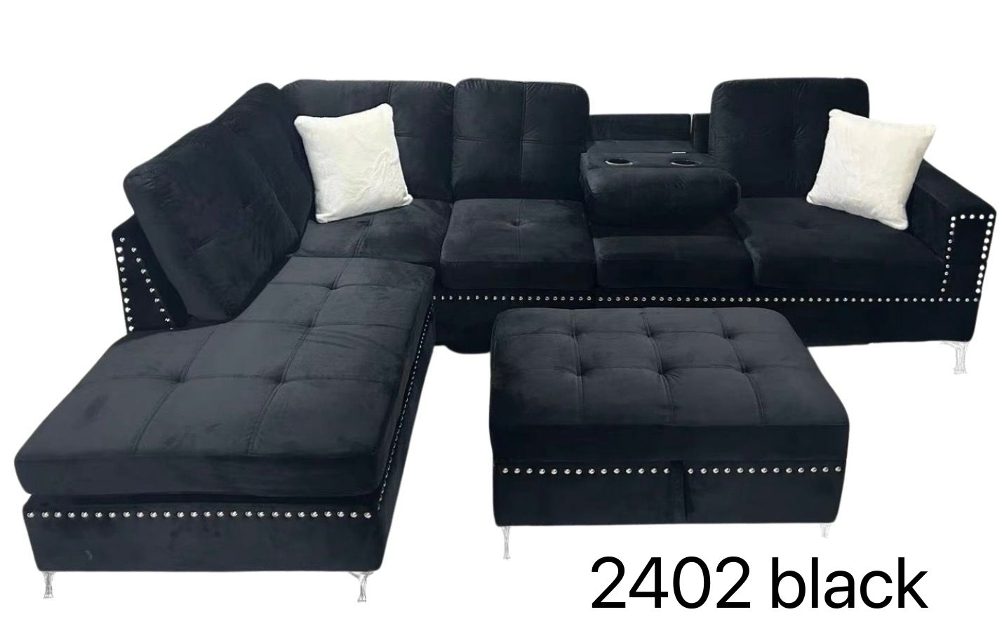 (2402 BLACK)- REVERSIBLE- VELVET FABRIC SECTIONAL SOFA- WITH STORAGE OTTOMAN