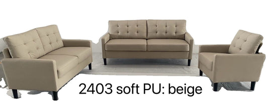 (2403 BEIGE SLC)- LEATHER SOFA + LOVESEAT + CHAIR