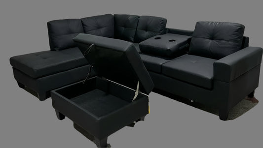 (2406 BLACK)- REVERSIBLE- LEATHER SECTIONAL SOFA- WITH STORAGE OTTOMAN- TEXT OR WHATSAPP 416 319 8851 FOR STOCK AVAILABILITY BEFORE PAYING