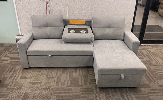 (CAESAR LIGHT GREY)- REVERSIBLE- FABRIC SECTIONAL SOFA WITH PULL OUT BED