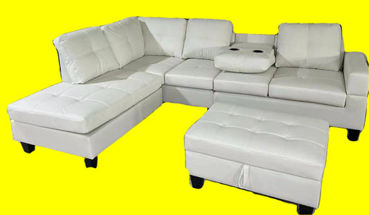 (2406 WHITE)- REVERSIBLE- LEATHER SECTIONAL SOFA- WITH STORAGE OTTOMAN- TEXT OR WHATSAPP 416 319 8851 FOR STOCK AVAILABILITY BEFORE PAYING