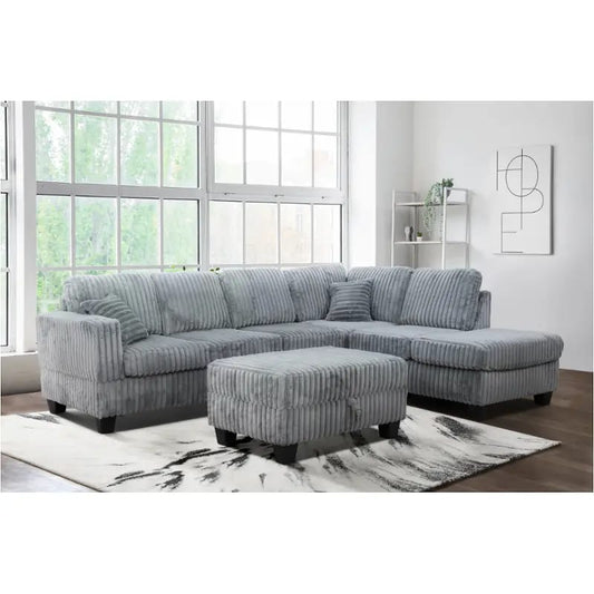 (1108 GREY)- REVERSIBLE- CORDUROY SECTIONAL SOFA- WITH STORAGE OTTOMAN- TEXT OR WHATSAPP 416 319 8851 FOR STOCK AVAILABILITY BEFORE PAYING