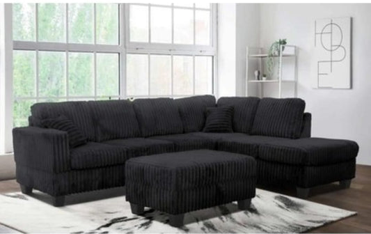 (1108 BLACK)- REVERSIBLE- CORDUROY SECTIONAL SOFA- WITH STORAGE OTTOMAN- TEXT OR WHATSAPP 416 319 8851 FOR STOCK AVAILABILITY BEFORE PAYING