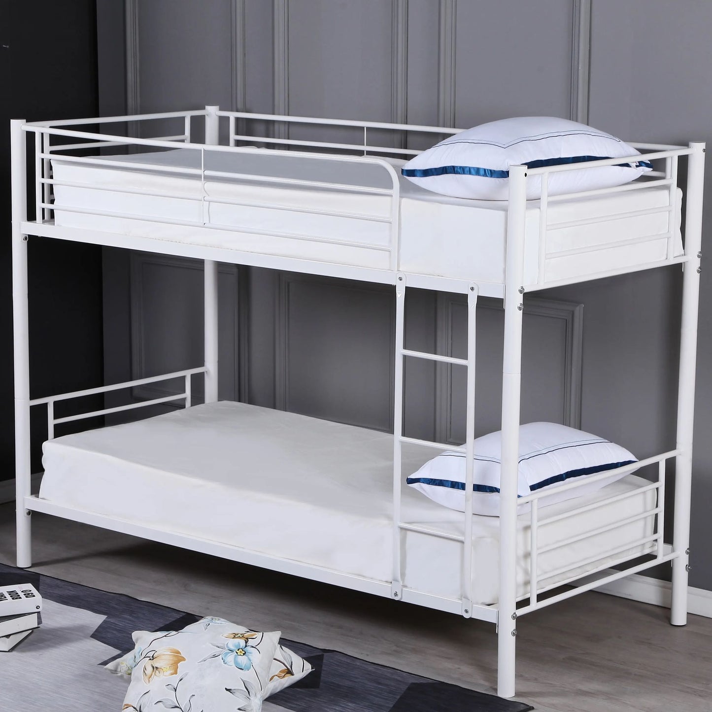TWIN/ TWIN- (111 WHITE)- DETACHABLE- METAL BUNK BED- WITH SLATTED PLATFORM